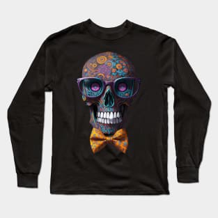 Funny Sugar Candy Skull With Bowtie and Glasses Long Sleeve T-Shirt